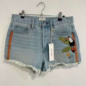 NWT Driftwood Goldie Boho Embroidered Bird Denim Shorts Size 28
